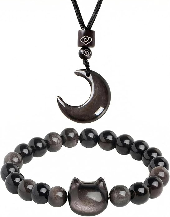 Black Obsidian Cat Bracelet and Moon Pendant Necklace Jewelry Set-Cat Lover Gifts,Wealth Attraction,Good Luck,Bead Bracelet,Mindfulness,Beaded Bracelets, Obsidian Pendant Necklace-Cute Gifts for Women