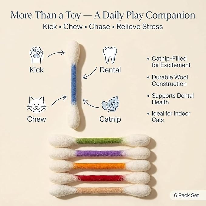 Cotton Swabs Cat with Catnip, 6 Pk Giant Kitten Chew Sticks for Indoor Boredom, Durable Dental Teething Ropes, Big Interactive Felt Kitty Kicker Play Lover Gift Accessories (Red)