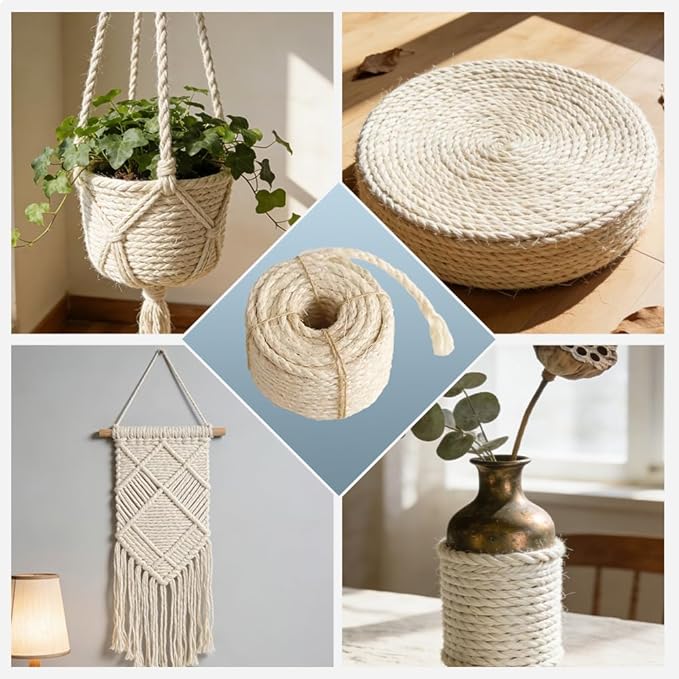 Natural Sisal Rope for Cat Scratcher Replacement, Durable Cat Tree Post Repair Cord for DIY Projects, Climbing Towers, Furniture Protection, Scratch Pad, Crafts, Garden, and Home Décor Use
