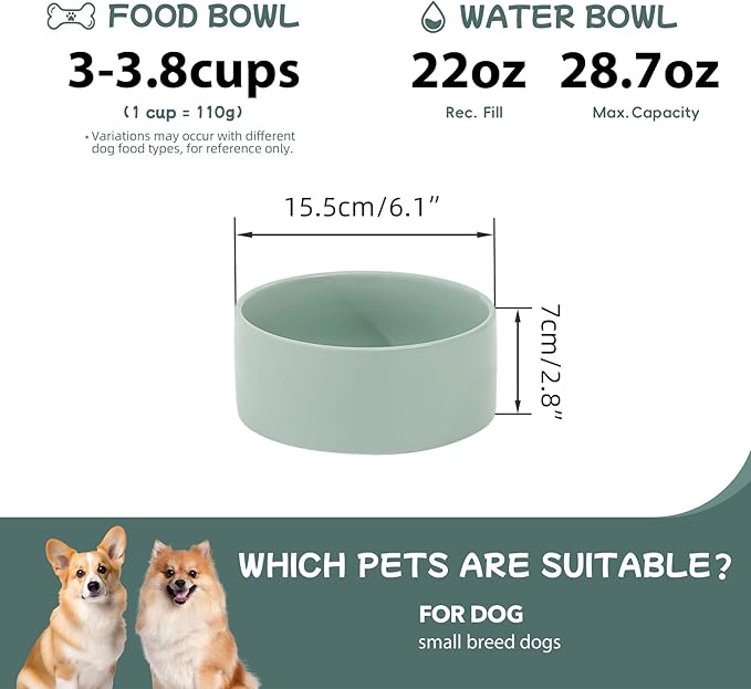 Ceramic 6.1inch Dog Bowls for Small and Medium Breed Dog Dish Pet Food and Water Bowl (Set of 2 Bowls - Light Green, 28oz)