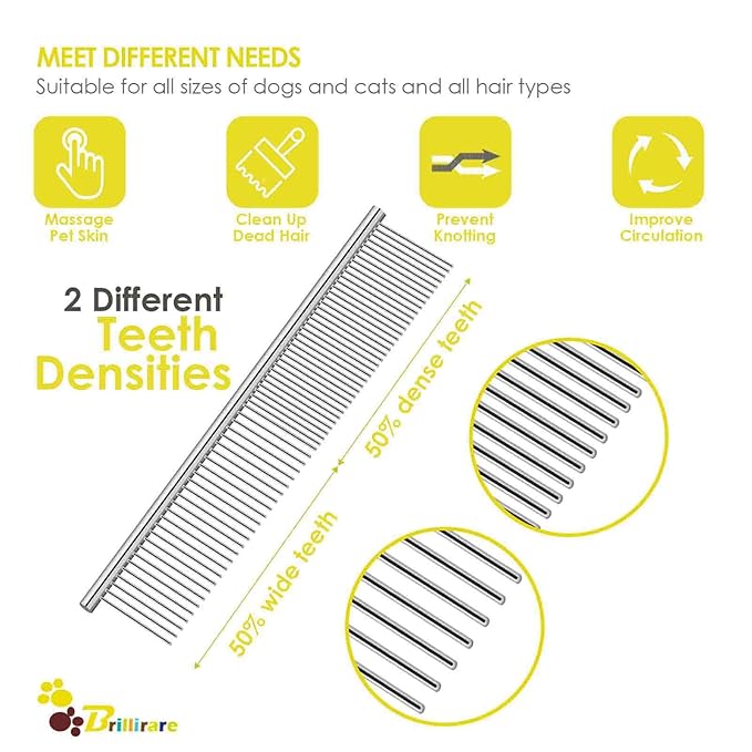 2 Pack Dog Grooming Comb Pet, Stainless Steel Cat Combs with Rounded Teeth, Professional Metal Tear Stain Remover, Dematting Tool for Small, Medium & Large Pets-7.5in
