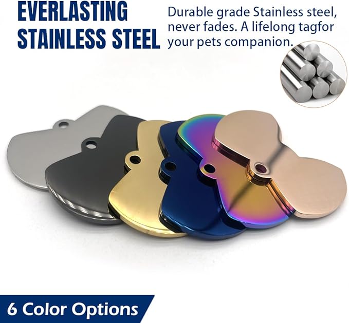 Personalized Dog Tags and Cat Tags, Stainless Steel Pet ID Tags, Collar Charm Engraved on Both Sides, up to 4 Lines of Custom Text, Various Patterns and Colors Options (Bowtie)