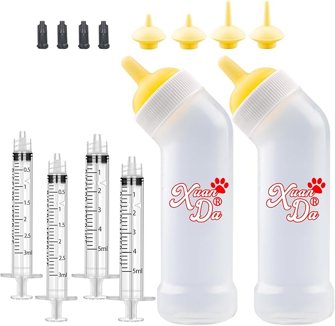 Kitten Nursing Nipple with Syringe, Wide Mouth Angled Puppy Feeding Bottles, with Ventilation Valve Resistant Tearing for Puppies, Kittens, Rabbit, Small Wildlife (L Nipple,Yellow)