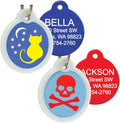 GoTags Unique Pet Tags, Personalized with 4 Lines of Custom Engraved ID, Silent Dog Tags with Glow in The Dark Silencer to Quiet Tag, Several Cute Tag Designs for Cat or Dog, (Skull and Crossbones)