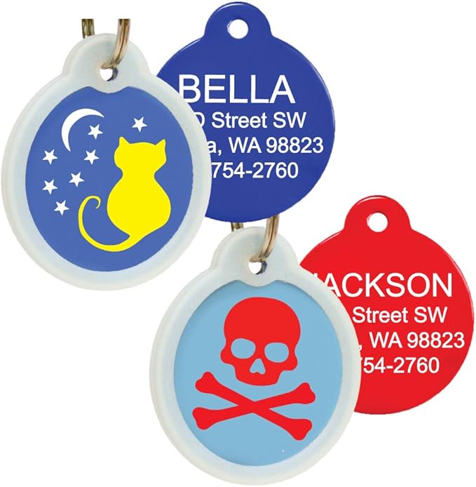 GoTags Unique Pet Tags, Personalized with 4 Lines of Custom Engraved ID, Silent Dog Tags with Glow in The Dark Silencer to Quiet Tag, Several Cute Tag Designs for Cat or Dog, (Skull and Crossbones)