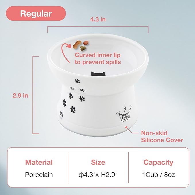 Necoichi Raised Cat Food Bowl – Ceramic Elevated Cat Bowl for Whisker & Neck Fatigue, Dishwasher Microwave Safe – Non-Slip & Anti Vomiting Ergonomic Design (Cats, Regular, 1-Cup Capacity)