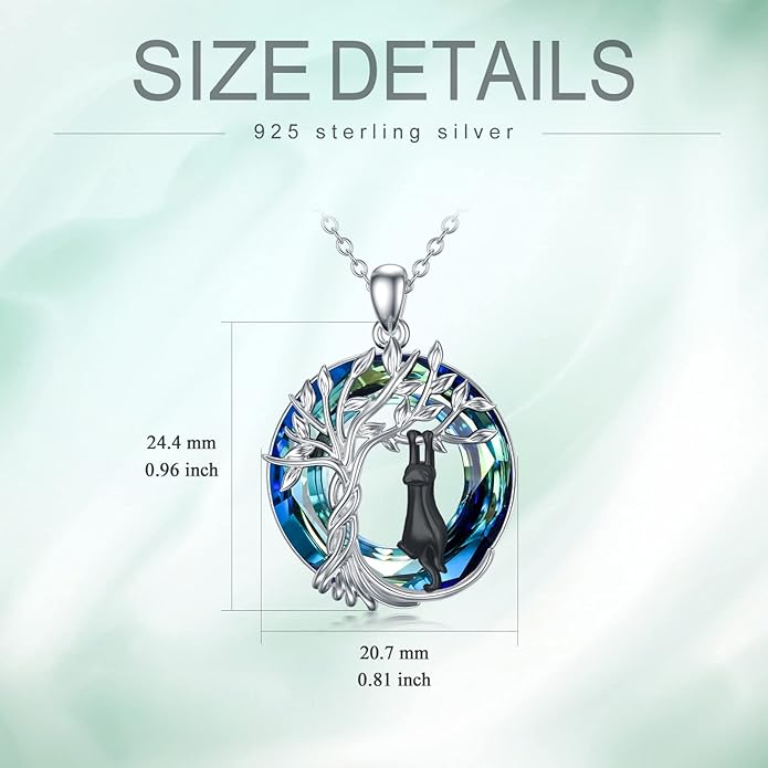 TOUPOP Cat Gifts for Cat Lovers Sterling Silver Cute Cats Tree of Life Pendant Necklace with Blue Circle Crystal Birthday Christmas Jewelry Gifts for Women