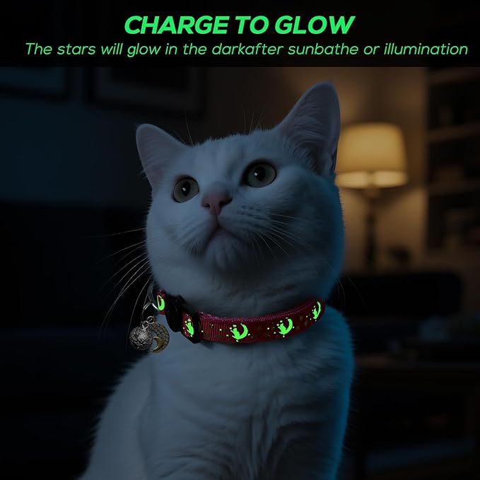 LAFAYI 4 PCS Breakaway Cat Collars with Bell Moons Stars,Kitten Collar and Adjustable with Pendant Glow,Cute Kitty Collar for Girl Boy Cats,Pet Gifts,Accessories(4 Colors)