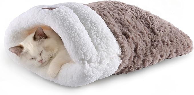 Cat Bed Cave 4 in 1 Cat Sleeping Bag Cute Self Warming Cat Cave with Plush Portable Snuggle Sack/Hideway for Indoor Cats & Small Pets Coffee 21×17 Inch