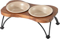 Ceramic 5.5-inch Raised Double-Bowl Set with Non-Slip Stand, 1 Cup Food or 9.5oz Water Dishes for Puppies and Cats, Wide Opening with Rounded Edges(Oat Beige)