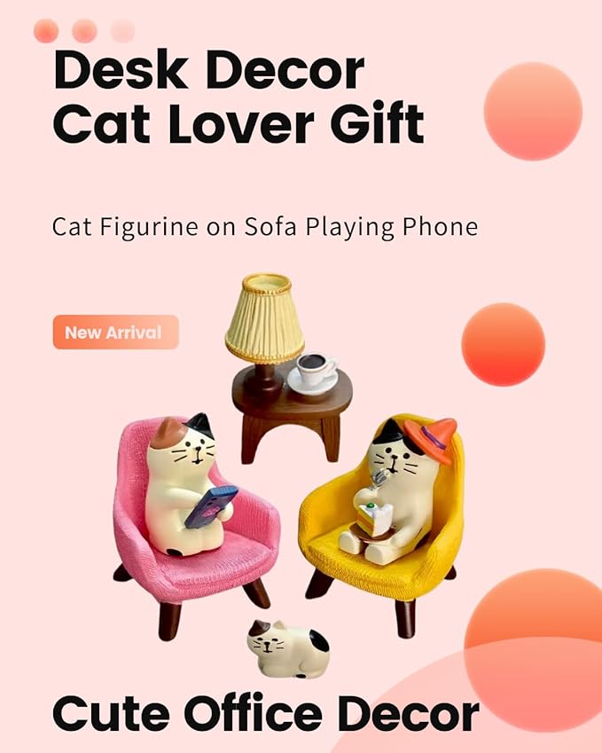 Miniature Cat Desk Set with Sofa & Lamp - 6-Piece Cute Cat Figurines for Office Decor, Shelf Decor, Home Decor, Resin Gift for Men, Cat Lovers (CAT)
