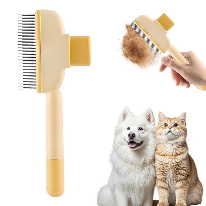 Self Cleaning Pet Hair Removal Comb, Pet Comb with Long Short Stainless Steel Metal Teeth, Cat Grooming Brush, Pet Grooming Supplies for Cat, dog (B - Yellow - 1 pcs)