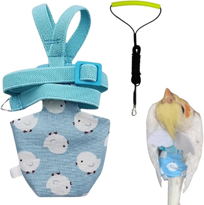 Adjustable Bird Diaper Harness Flight Suit Clothes with 80 Inch Flying Leash Rope for Parrots Conure Cockatiel (Blue,Pigeon)