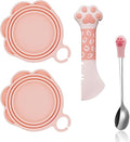 SJANE 4 Pcs Cat Food Can Spoon & Can Covers | Cute Paw Silicone Pet Food Opener Spatula & Lids | Stainless Steel Wet Food Spoon for Cats and Dogs(Pink)