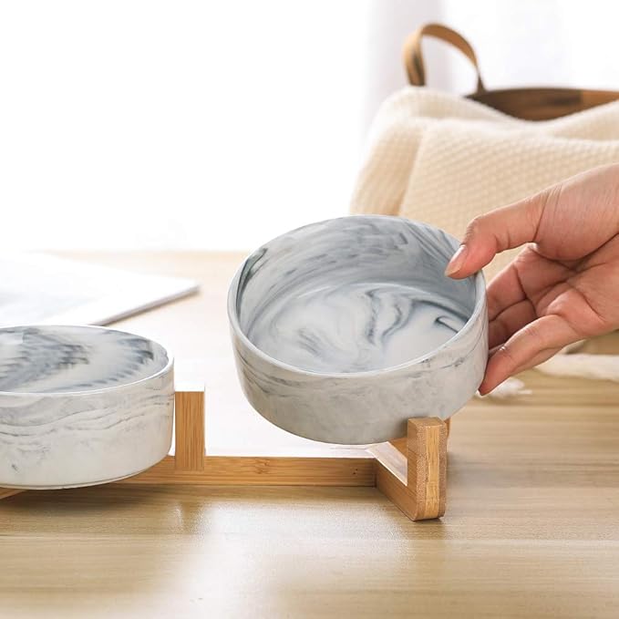 Marble Black Ceramic Cat Dog Bowl Dish with Wood Stand No Spill Pet Food Water Feeder Cats Small Dogs Set of 2