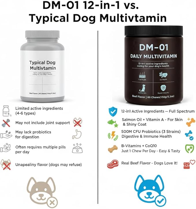 DM-01 Daily Multivitamin, Multivitamin Itch Relief Chews for Dog, with Folic Acid, Salmon Oil, Chondroitin & Natural Vitamins, Skin and Coat Healthy, Digestive & Boost Immunity, 60 Chew (Beef)