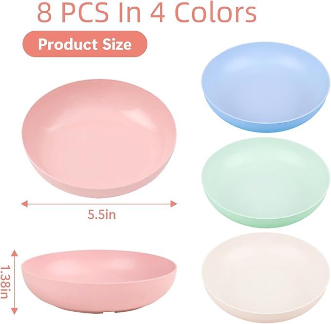 [8 Pack] Cat Dishes Whisker Friendly, Shallow Wide Pet Food and Water Bowl, 5.5 Inch Cat Food Dish, Friendly Wet Feeding Bowl, Durable Wheat Straw Pet Bowls, Pet Plate for Kittens (Indoor/Outdoor)