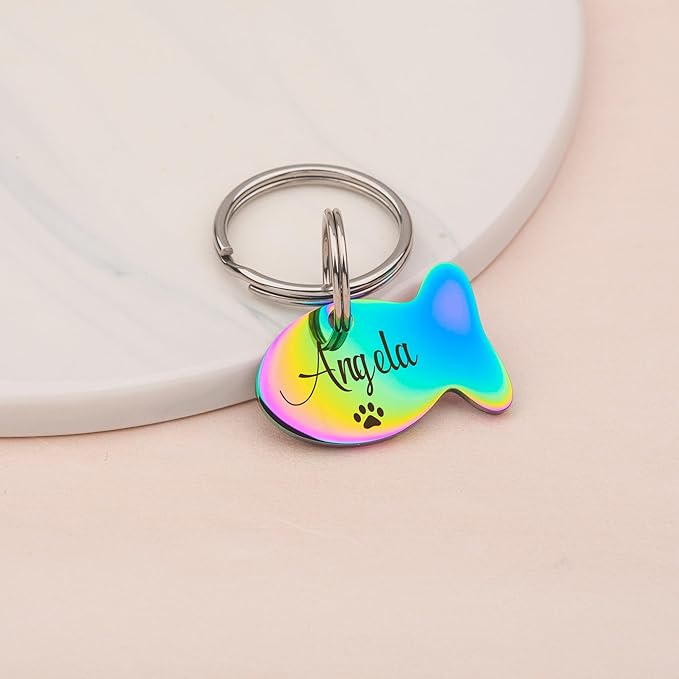 Anavia Small Size Dog Cat ID Tags, Small/XS Personalized Color Plated Stainless Steel Puppy Kitten Name Tags, Customized Engraved Nameplate Pet Collar Tag (Blue, Fish)