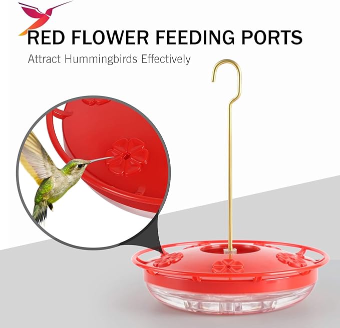 eWonLife Hummingbird Feeders for Outdoors, 16oz Leak-Proof Saucer Humming Bird Feeder with Integrated Ant Moat, Bee Proof 5 Feeding Ports, Brush, Easy Clean & Refill, Hanging Garden Yard Décor
