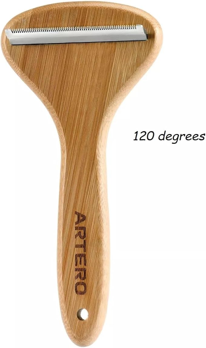 T Shaped Wood Handle Dog Deshedding Tools Loose Hair and Undercoat Removal No Damage (45 Degree)