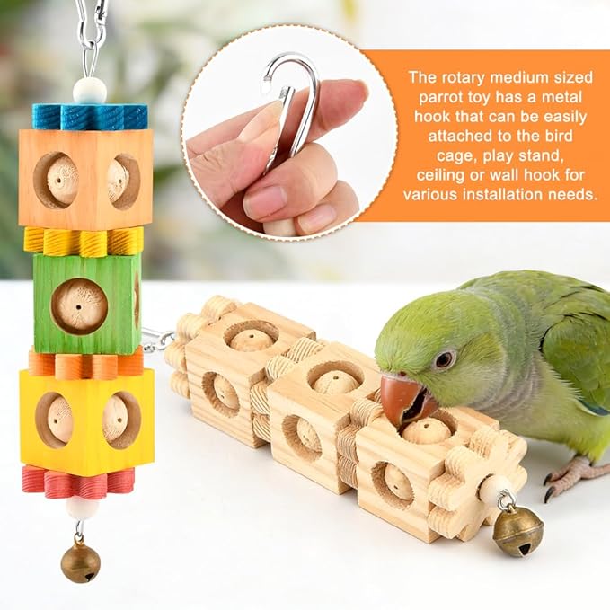 2 Pcs Wooden Bird Chew Toys for Beak Grinding, Hanging Parrot Rotating Wood Block with Bell Parrot Foraging Enrichment Toy for Parakeet, Cockatiel, Conure
