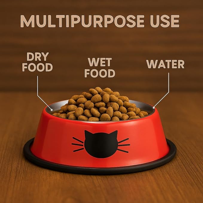 3 Pack Printed Stainless Steel Cat Bowls – 8.1 fl oz Anti-Skid Food & Water Cat Feeding Bowls|Cat Dish for Food and Water Bowl|Cat Feeding Bowl for Kitten (Grey, Black & Red)