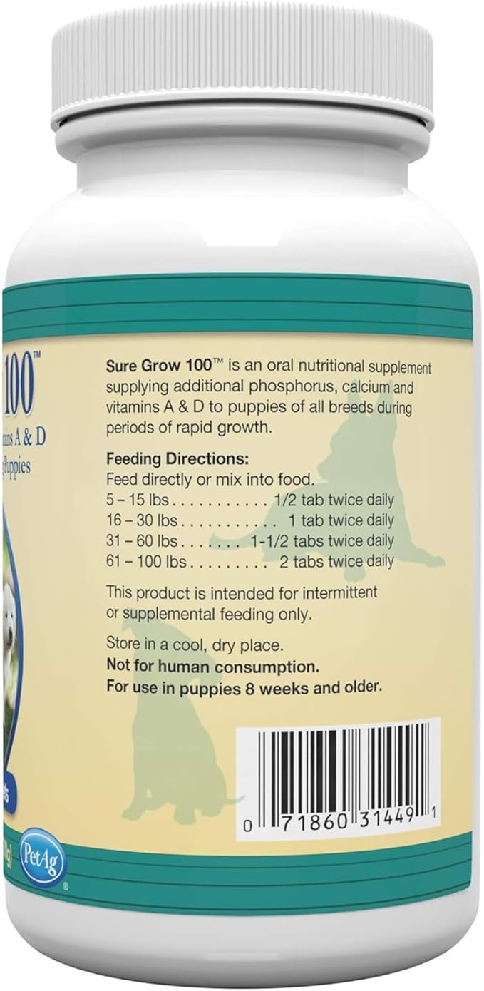 PetAg Sure Grow 100 - Promotes Optimal Bone Development in Puppies Eight Weeks and Older - with Calcium, Phosphorus, and Vitamins A & D - 100 Chewable Tablets