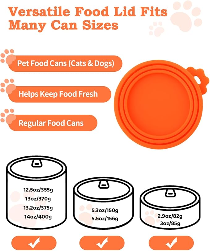 6 PCS Cat Food Can Covers Lids Set, Multi-Function Cat Food Spoon & Silicone Storage Lids with Opener, Cat Bar Squeezer, Stainless Steel Wet Food Spoon for Feeding, Storage and Cats & Dogs (Orange)