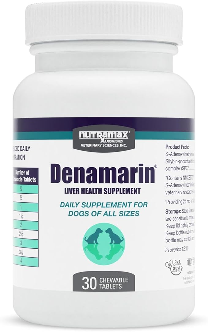 Nutramax Denamarin for Dogs, Liver Health Supplement with S-adenosylmethionine (SAMe) plus Silybin, Liver Support for Dogs, Chewable Tablets, 30 Count