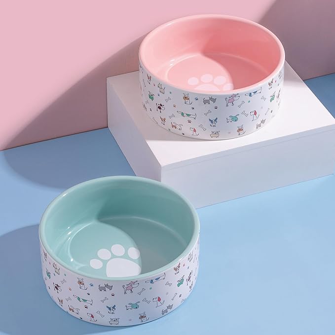 FE FUN ELEMENTS Ceramic Dog Bowls for Small Dogs, 16 Fl Oz Heavy Food and Water Bowl with Adorable Patterns (Small, Pink)