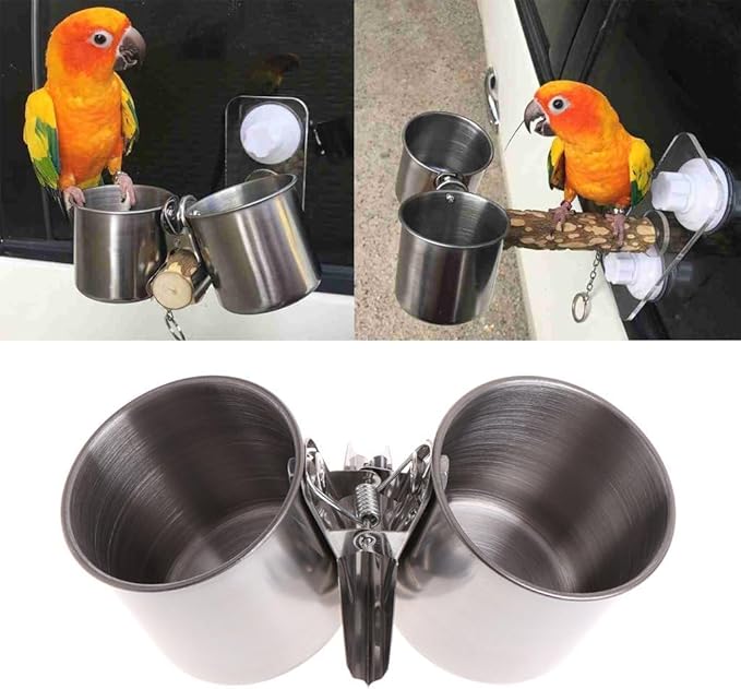 Parrot Feeding Cups Hanging Pet Animal Stainless Steel Birdcage Bowls for Cage Parakeet Bird Cage Accessories Suitable Small and Medium Bird Pet Supplies