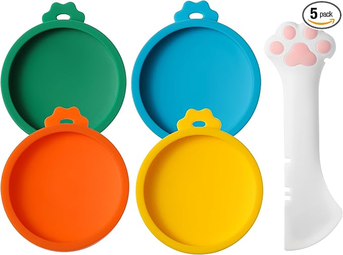 Joyinjojo Cat Food Can Lids with Cat Food Spoon, 4 Pack Small Silicone Pet Food Can Covers Lids for Cat Food Cans 3 oz, Multi-Functional Cat Spoon Can Opener Spatula for Canned Wet Food