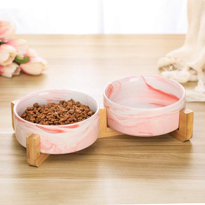 Marble Pink Ceramic Cat Dog Bowl Dish with Wood Stand No Spill Pet Food Water Feeder Cats Small Dogs Set of 2