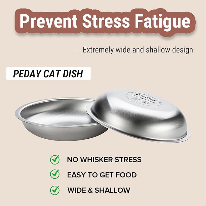 PEDAY 18/8 Stainless Steel Cat Bowls, Whisker Friendly, Human Grade, Dishwasher Safe, Easy to Clean, Pack of 2, Each Holds 2.3 Cup