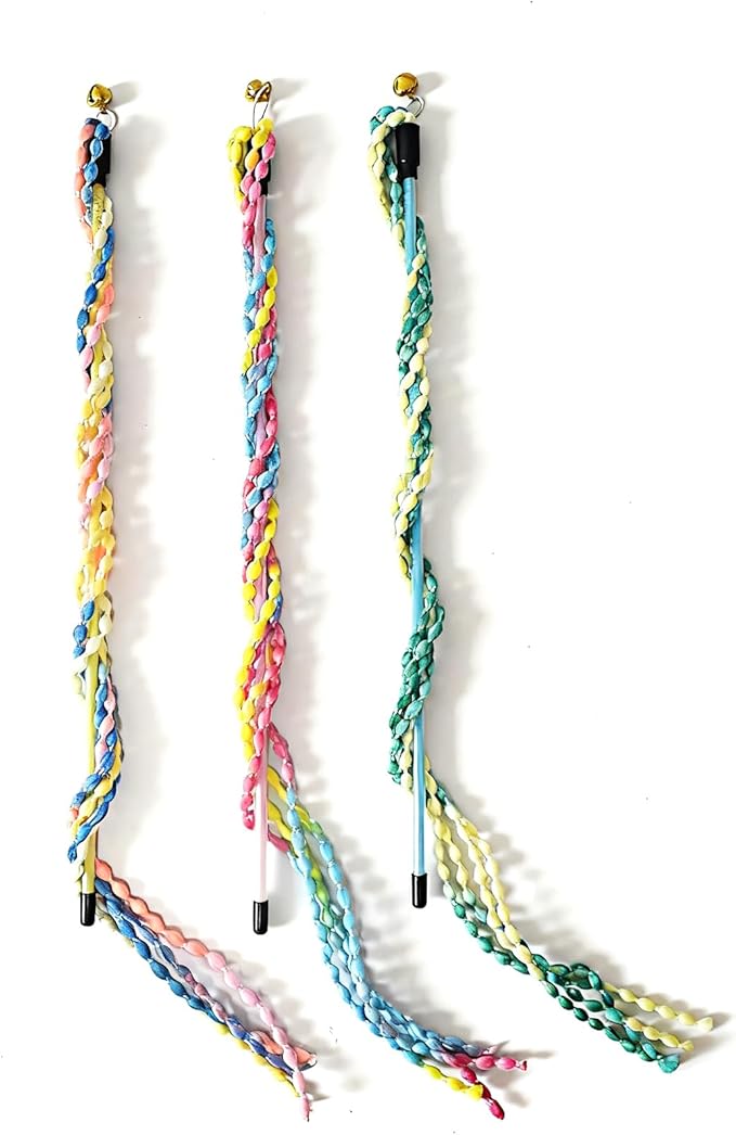 Cat Wands for Indoor, 3 PCS Vibrant Teasing Stick with Bell Interactive Cat Toys Cute Kitten Wand Safe Kitty Toy