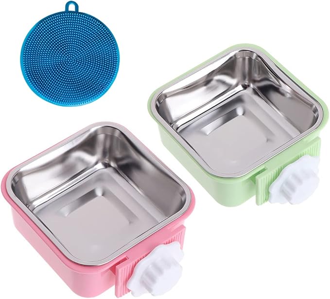 Love Dream Crate Dog Cat Bowls, Removable Stainless Steel Hanging Pet Cage Bowls Kennel, Food Water Feeder with Bolt for Puppy Rabbits Birds 2 Pack with Silicone Sponge Dish Brush