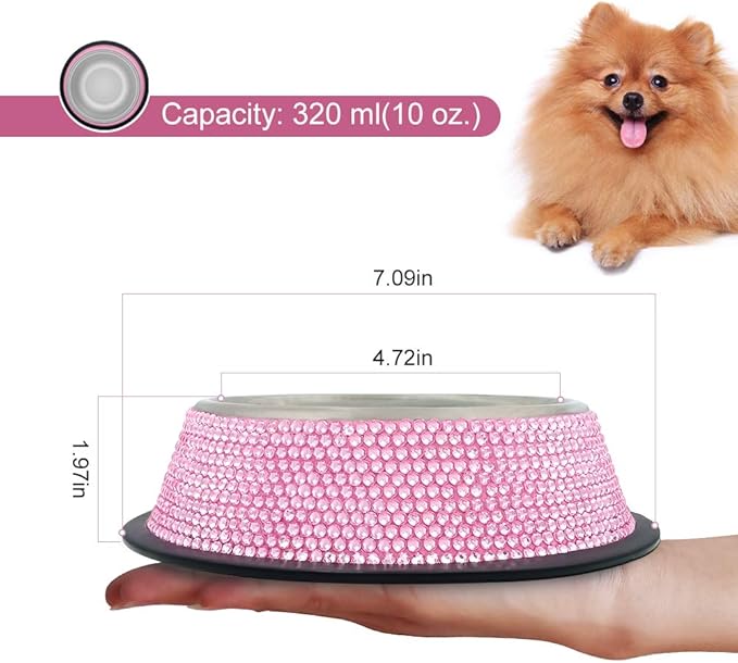 Triumilynn Rhinestone Cat Bowls Rhinestone Dog Bowls, Pink Cat Food Bowl Pink Bling Dog Bowl Stainless Steel for Small Pets Food Water Dishes-2 Pack