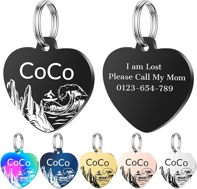 Personalized Dog Tags, Stainless Steel Pet Tags Personalized Cat, Collar Charm Engraved on Both Sides, up to 4 Lines of Custom Text, Multiple Patterns Colors Size Options (Beach, Large)