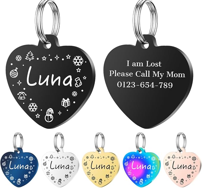 Personalized Dog Tags, Stainless Steel Pet Tags Personalized Cat, Collar Charm Engraved on Both Sides, up to 4 Lines of Custom Text, Multiple Patterns Colors Size Options (Christmas, Large)