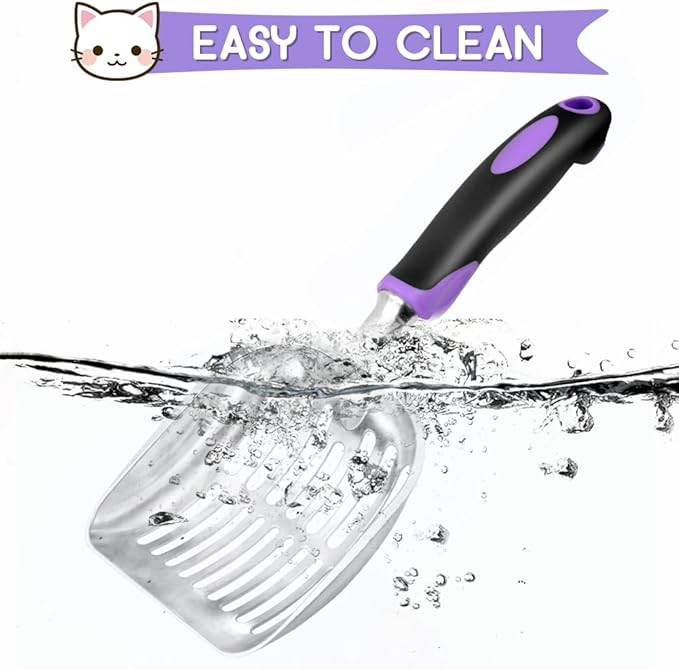 Cat Litter Scoop, Metal Cat Scooper, Rubber Handle Scoop, Sifting Shovel for Christmas – Heavy Duty Aluminum Alloy Litter Box Scoop with Deep Mesh, Design for Easy Waste Removal and Cleaning(Purple)