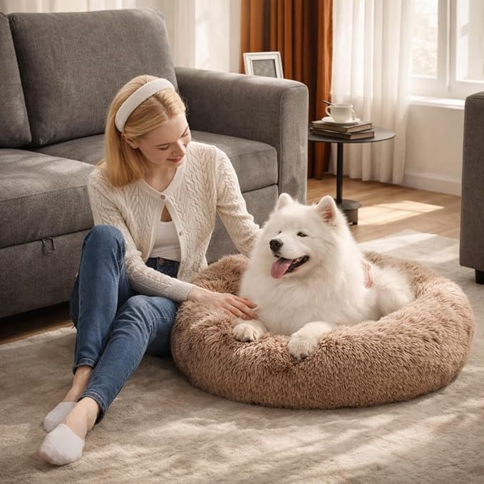 Dog & Cat Bed for Indoor Cats, 30in Calming Donut Pillow mat for Puppy and Kitten, Washable Cooling Round Fluffy Pet Nest for Small Medium Dogs and Cats, Brown