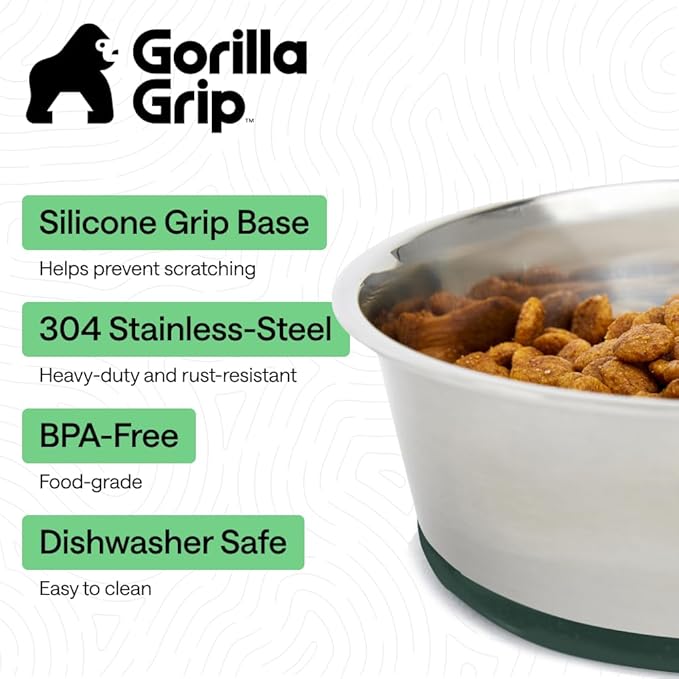 GORILLA GRIP Dog Bowls, Food Grade 304 Stainless Steel, Holds 6 Cups Each (48 fl oz) Food and Water Bowl for Feeding Dogs and Cats, Dishwasher Safe, Rust Resistant, BPA Free Rubber Base Set of 2 Green