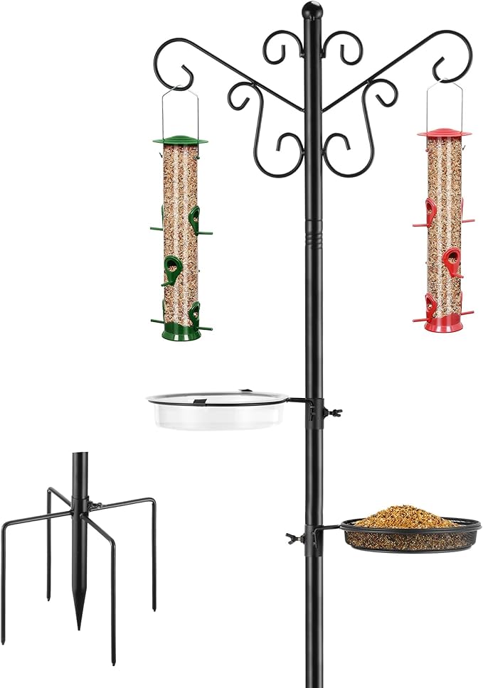 Bird Feeding Station,Heay Duty Bird Feeder Pole with Upgraded Thickened Pole & 5-Prong Base,Hanging Hooks,Mesh Tray,Water Bowl w/Metal Snap Fastening,Wind-Resistant Wild Bird Feeding Kit for Outdoors