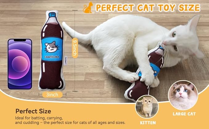 Large Size Premium Catnip Toy - 100% Original - Durable and Easy Clean - Crinkly & Squishy - Cat Gift - Cola Coke Size of Cats - Self Play for High Energy Indoor Cats