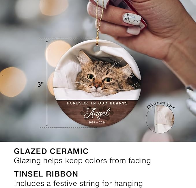 Cat Memorial Ornament - Personalized Ornaments to Memorialize Cats Loss - Kittens, Pets Photo Frame, Custom Keepsake - Pet Loss Gift, Remembrance Gifts - Background Color Options