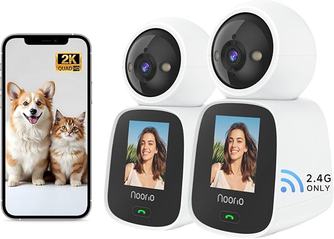 Noorio Two Way Video Calling Camera, 2K One Click Call Pet Camera Indoor with Phone App, 360° PTZ Dog Cam with Speaker, Color Night Vision Security Indoor Cameras, CL200 2Pcs