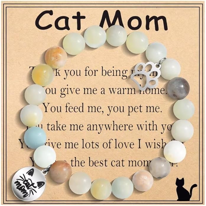 Cat Mom Gifts: Beaded Bracelet Paw Print for Women, Cat Lovers - Birthday, Christmas, Valentine's, New Year