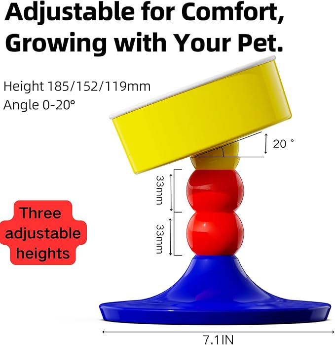 Elevated Raised Cat Pet Bowls - 15°Tilted 3 Heights Adjustable Indoor Cats Food Dish Stand, Cute Pet Water Feeder Ceramic Bowl, Neck Whisker Friendly & Anti-Vomiting Non Slip Kitten Puppy Supplies