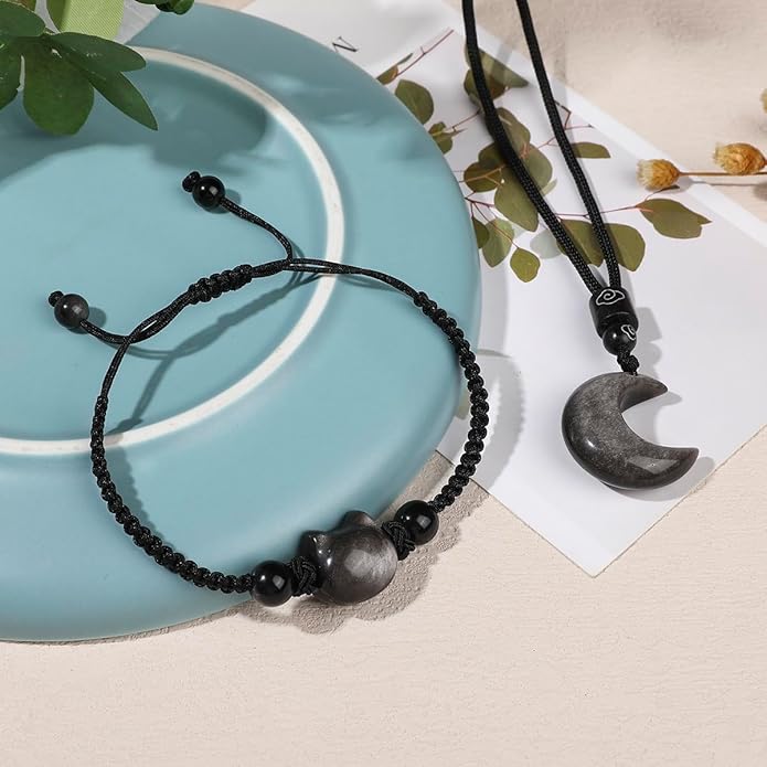 Black Obsidian Cat Bracelet and Moon Pendant Necklace Jewelry Set-Cat Lover Gifts,Wealth Attraction,Good Luck,Bead Bracelet,Mindfulness,Beaded Bracelets, Obsidian Pendant Necklace-Cute Gifts for Women
