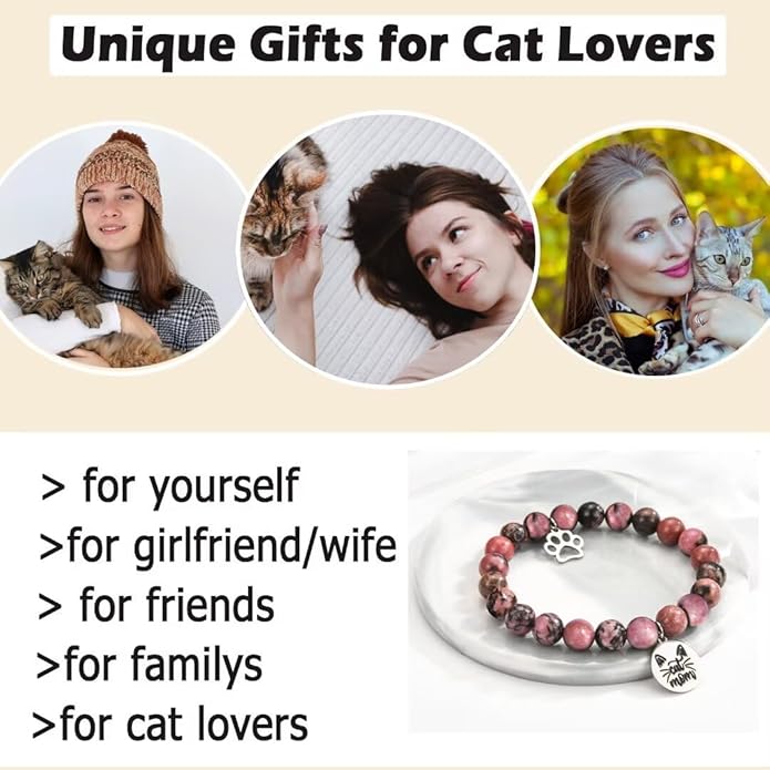 Cat Mom Gifts: Beaded Bracelet Paw Print for Women, Cat Lovers - Birthday, Christmas, Valentine's, New Year